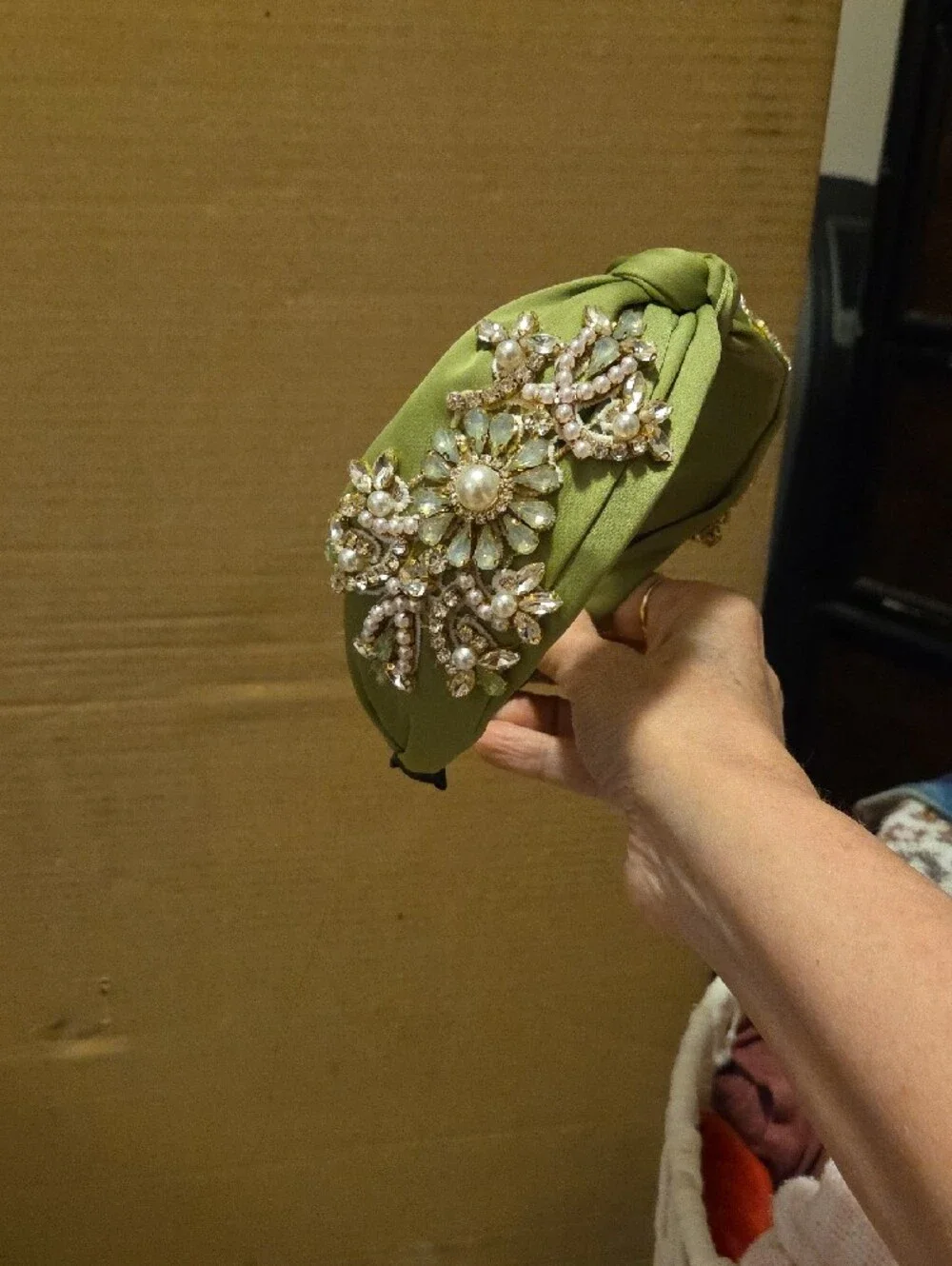 Olive Green Knotted Headband with Pearl & Crystal Embellishments